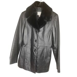 Worthington Black Genuine Leather Faux Fur Collar Button Front Jacket Womens Sm